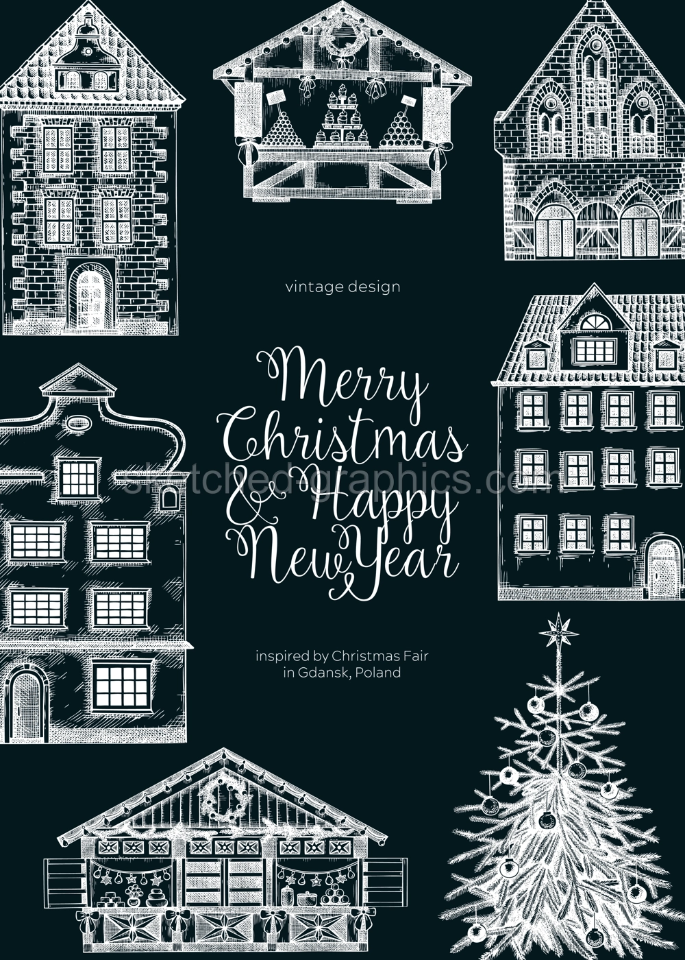 Merry Christmas card template. Architecture sketch on chalkboard. Christmas fair flyer. Hand-drawn vector illustration.NOT AI generated Illustration